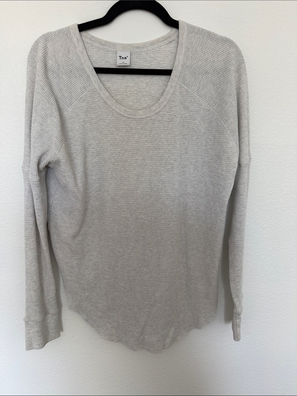 TNA Light Gray Waffle Knit Scoop Neck Long Sleeve Top